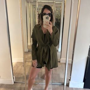 Olive green long, thin pea coat.